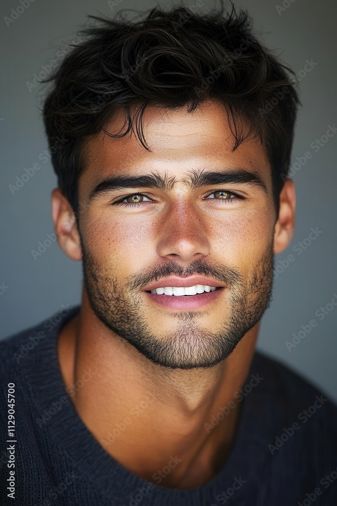Obraz premium Confident young man with striking features smiles warmly, showcasing a charming expression against a neutral background during daylight