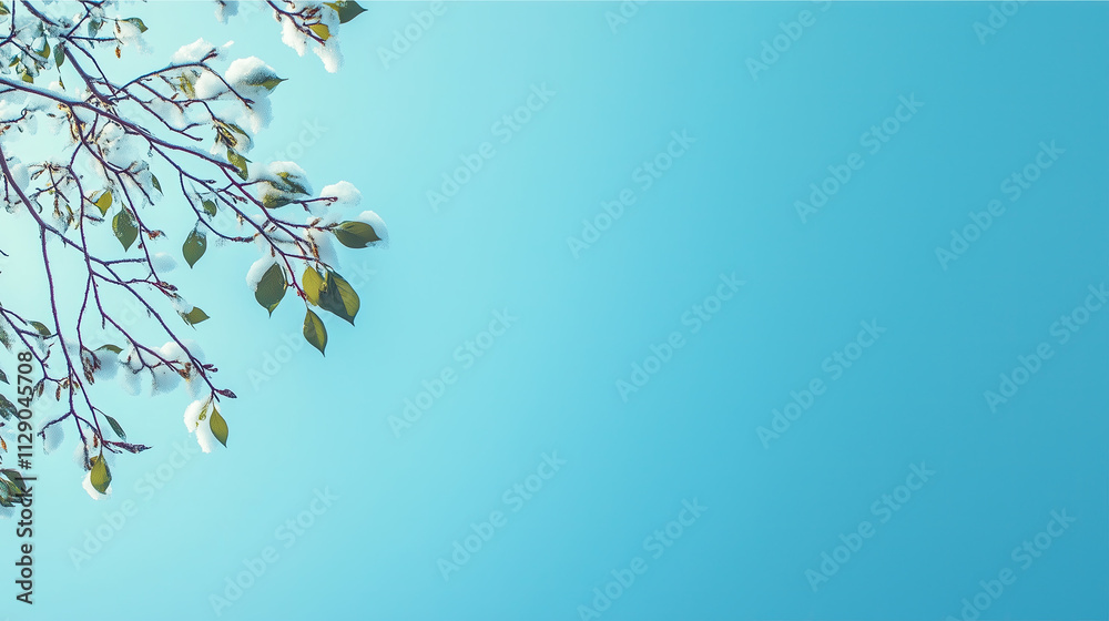 Minimalist winter scene with snow-covered branches against clear blue sky, delicate texture, wide-angle, natural light, static comp, white space, pure tone, high def Minimalist winter scene with snow-covered branches against clear blue sky, delicate texture, wide-angle, natural light, static comp, white space, pure tone, high def