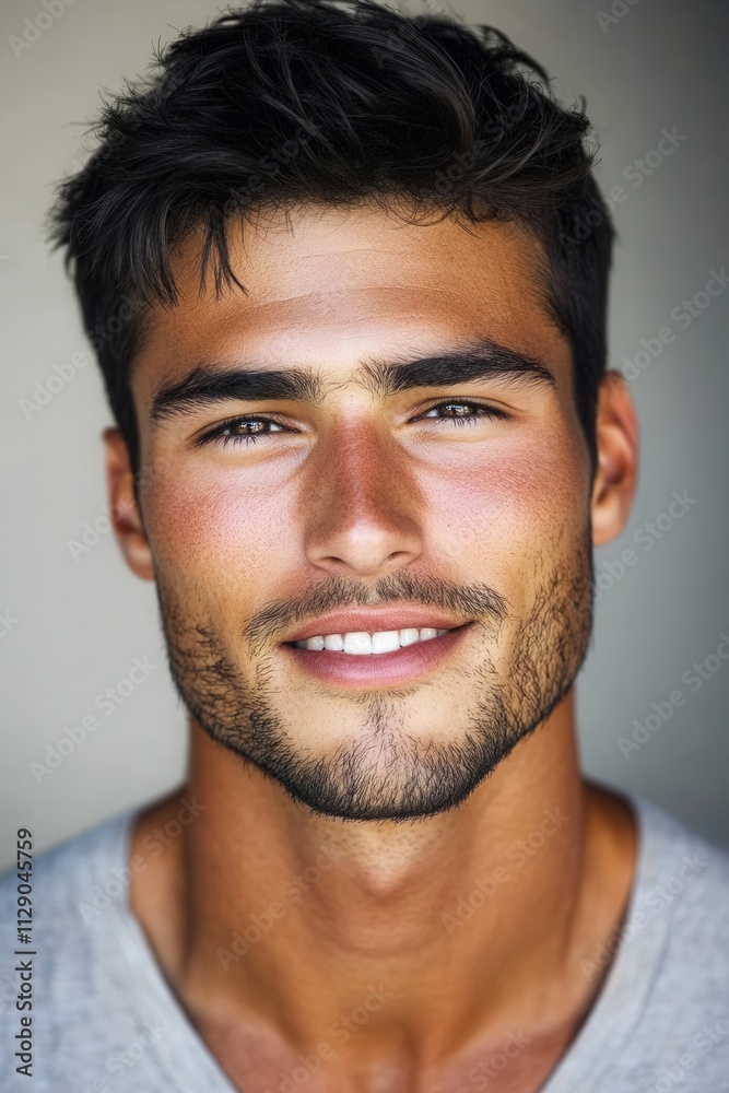 Handsome young man with a confident smile posing against a neutral background, showcasing natural charisma and relaxed style Handsome young man with a confident smile posing against a neutral background, showcasing natural charisma and relaxed style