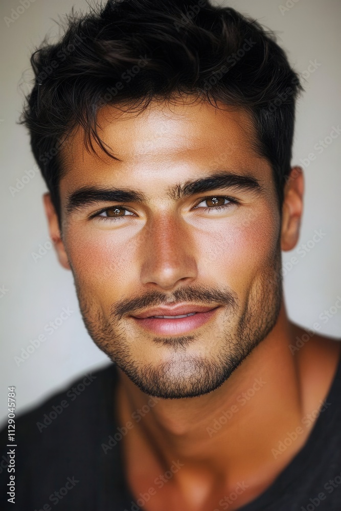 Fototapeta premium Handsome young man with dark hair and a charming smile poses against a softly lit background, capturing attention with his striking features and confident demeanor