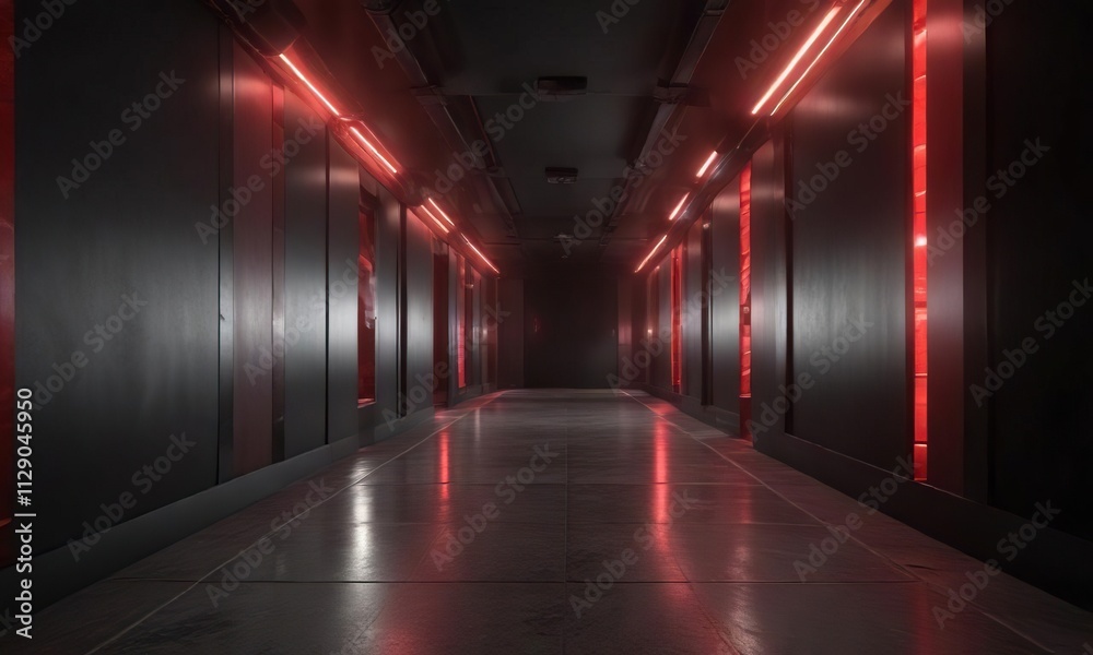 Long corridor with red lights casting an ominous glow , long dark ambiance, long dimly lit, long ominous glow Long corridor with red lights casting an ominous glow , long dark ambiance, long dimly lit, long ominous glow