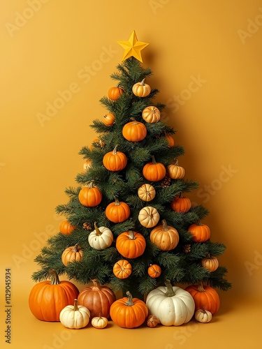 there is a christmas tree with pumpkins and other decorations on it. photo