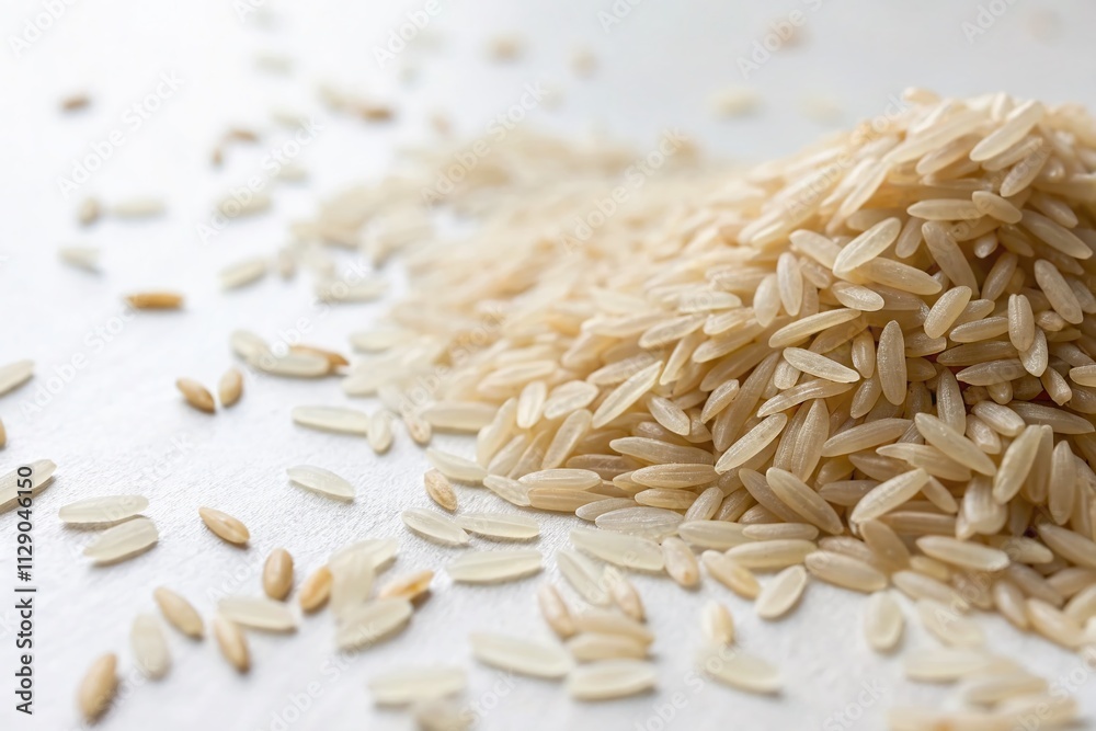 Obraz premium Long Exposure of Raw Rice Grains on a White Background, Showcasing Healthy Cereals and Grains with an Emphasis on Natural Textures and Wholesome Nutrition for Stock Photo Use