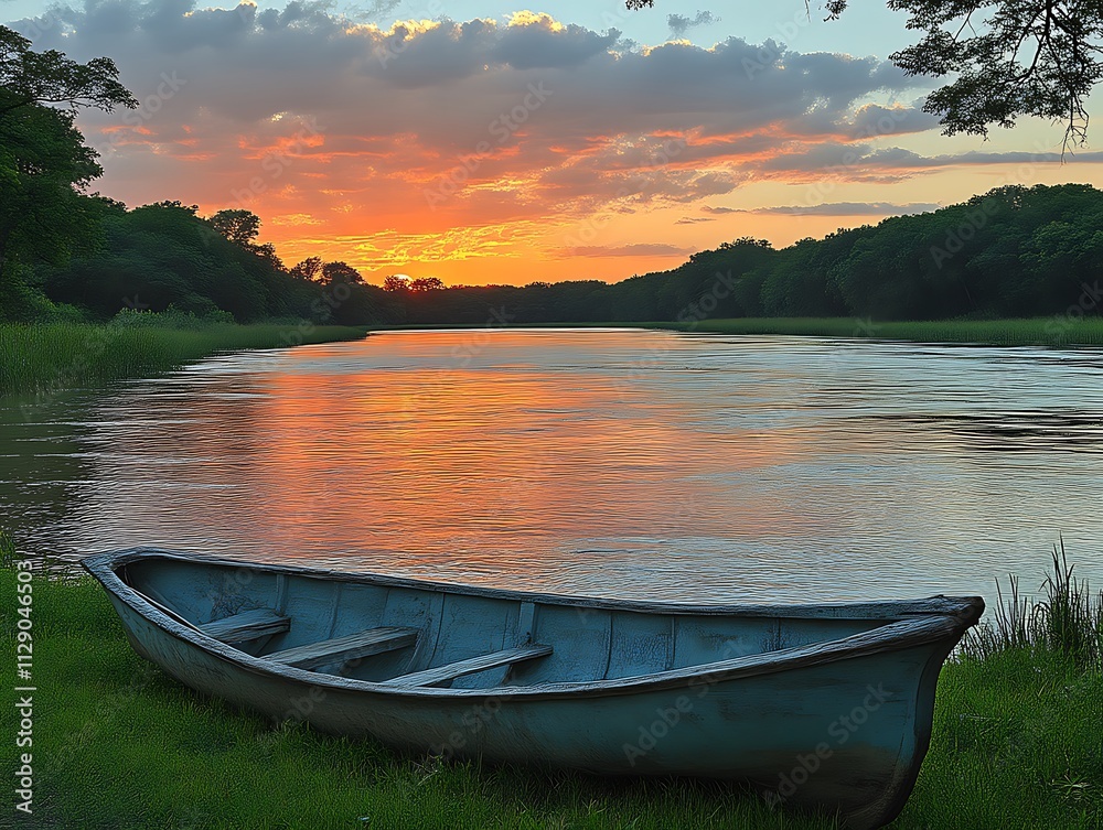 Fototapeta premium Serene Sunset River Scene With A Weathered Rowboat