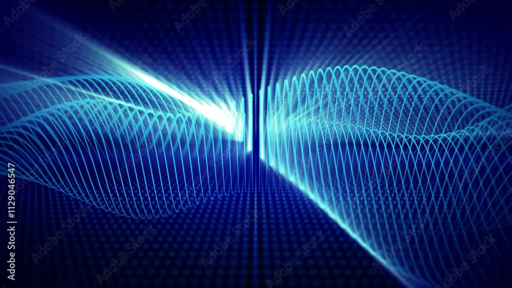 Seamless loop background with glowing light blue waves smoothly flowing with bright shine effect. Abstract motion graphics with elegant equalizer waveform for sound and music visualization. 4K 60 fps