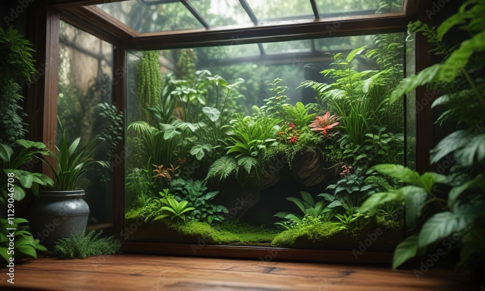 Lush carpet of greenery in a terrarium with wooden accents and water features, , interior Lush carpet of greenery in a terrarium with wooden accents and water features, , interior