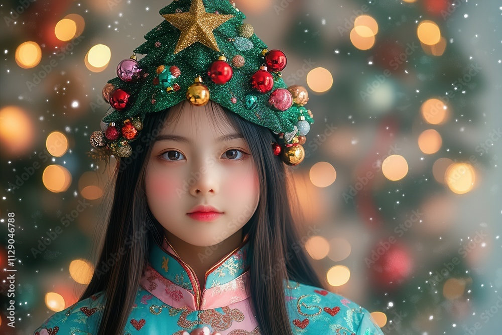Young girl wearing a festive Christmas tree hat, celebrating the holiday season with a joyful expression in a beautifully decorated setting with lights Young girl wearing a festive Christmas tree hat, celebrating the holiday season with a joyful expression in a beautifully decorated setting with lights