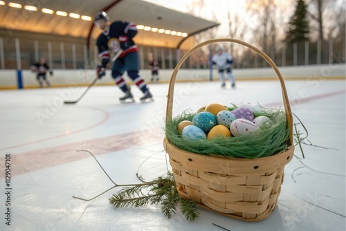 A wicker basket filled with pastel colored Easter eggs sits on an ice rink. Hockey players skate and practice nearby, showcasing a unique mix of sports and holiday themes in a lively outdoor setting.