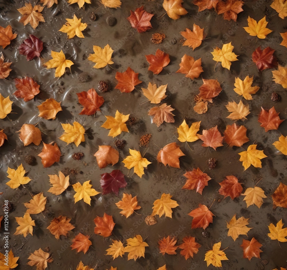 Fototapeta premium Amber autumn leaves scattered on wet earth background from overhead, autumn leaves, fall foliage, natural scene