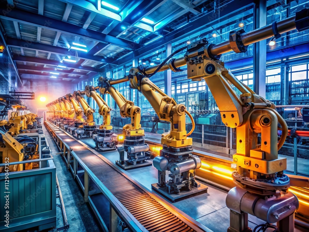 Low Light Photography of a Robotic Assembly Line, Showcasing Automation's Role in the New Economy with Advanced Machinery and Futuristic Technology