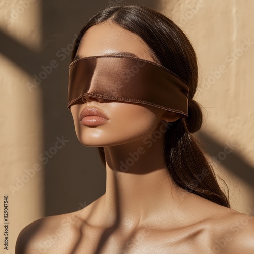 Blindfolded caucasian young female with long brown hair in artistic light and shadow photo