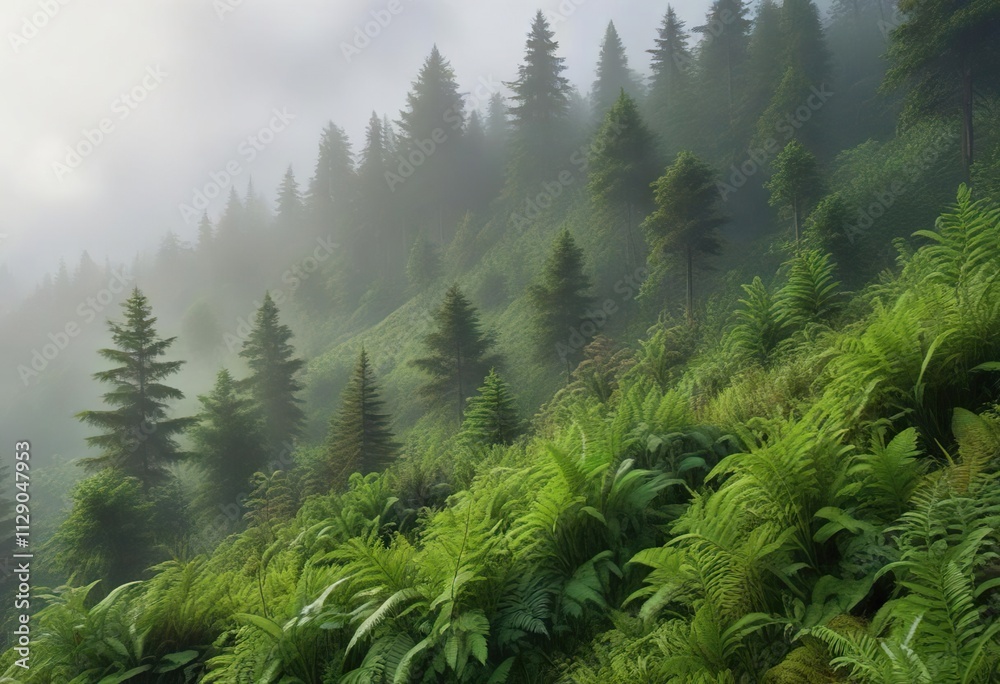 Fototapeta premium Lush green hillside with trees and ferns in the mist, ferns, hillside