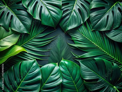 Lush Dark Green Tropical Leaves with Copy Space - Perfect Flat Lay for Nature Themes, Ideal for Backgrounds in Eco-Friendly Projects and Wellness Content