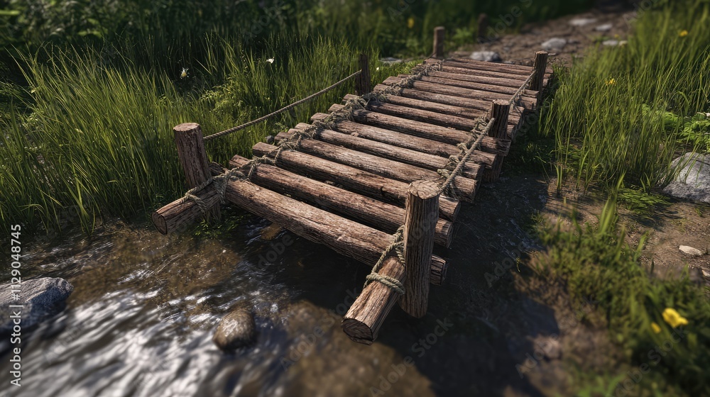 A temporary wooden bridge over a small stream, constructed with simple planks and rope, blending into its natural surroundings A temporary wooden bridge over a small stream, constructed with simple planks and rope, blending into its natural surroundings