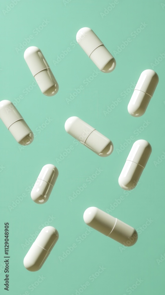 White capsules floating against a mint green background create a striking visual scene showcasing the essence of health and wellness in a modern context White capsules floating against a mint green background create a striking visual scene showcasing the essence of health and wellness in a modern context