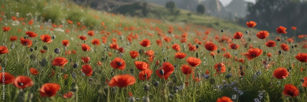meadow with tall poppies swaying gently in the breeze, green grass, rural landscape meadow with tall poppies swaying gently in the breeze, green grass, rural landscape