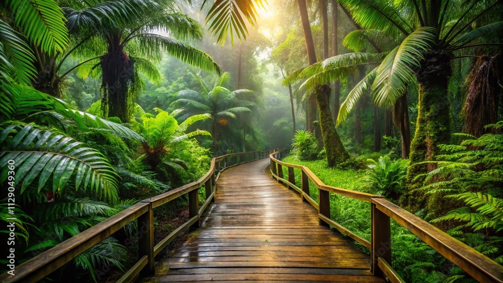 Lush Walkway Through a Rainforest with Vibrant Green Foliage and Soft Rainfall Creating a Mystical Atmosphere for Nature Lovers and Adventure Seekers Lush Walkway Through a Rainforest with Vibrant Green Foliage and Soft Rainfall Creating a Mystical Atmosphere for Nature Lovers and Adventure Seekers