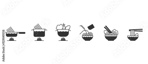 Noodles icon. Vector illustration of making instant noodle, step by step how to cooking instant noodle. Instant noodle making instructions in flat icon style. Vector icons in transparent background.