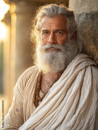 Portrait of an ancient Greek philosopher in robes with a thoughtful expression by a stone column at golden hour.

