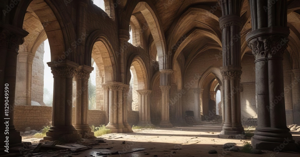 Fototapeta premium Ancient arches and columns supporting a vaulted ceiling in a ruined church , church, historic