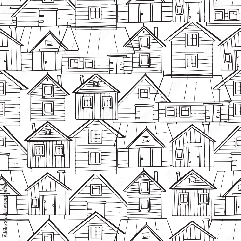 Seamless pattern village. A diverse set of house icons showcasing different architectural styles and structures. Black and white doodle old buildings. Outline monochrome architecture sketch Seamless pattern village. A diverse set of house icons showcasing different architectural styles and structures. Black and white doodle old buildings. Outline monochrome architecture sketch