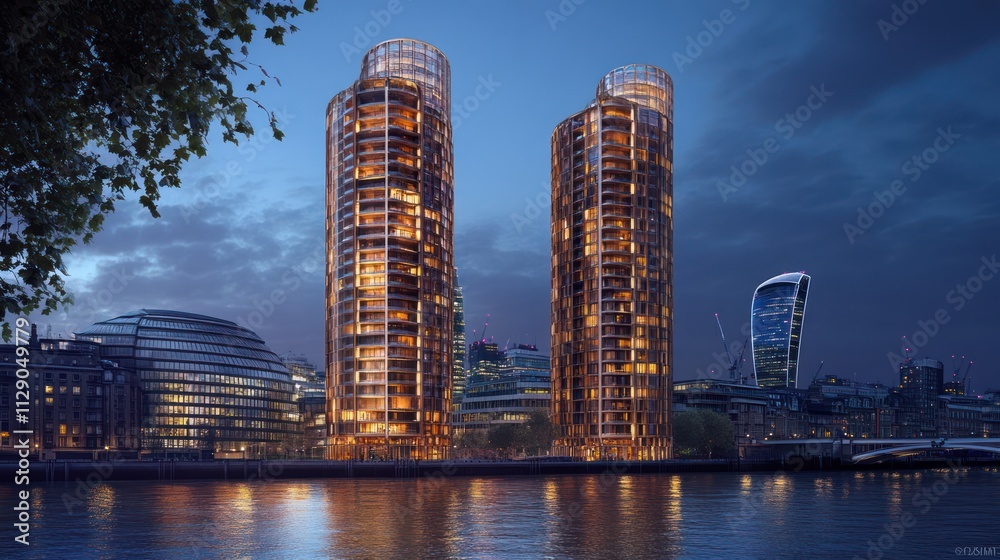 Naklejka premium Two modern, illuminated skyscrapers stand tall by a river at dusk, with other city buildings in the background.