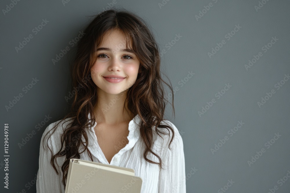 Girl holding a textbook, black background Girl holding a textbook, black background