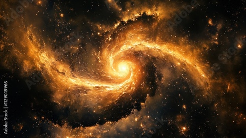 A digital artwork depicting a galaxy with swirling golden stars and nebulas, set against a deep space background.