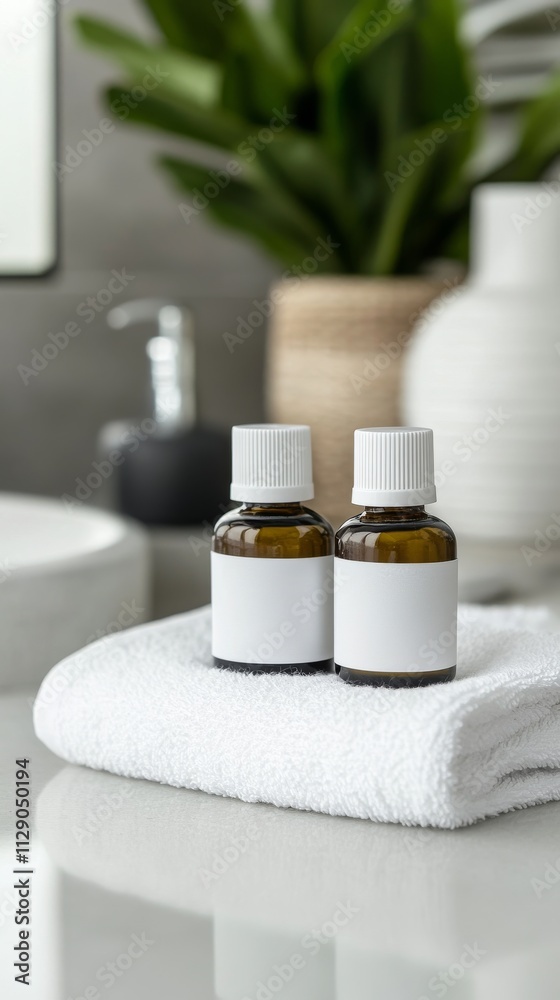Elegant Beauty Product Display with Bottles and Towel