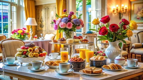 Luxurious Continental Breakfast Table Setting in a High-End Hotel with Fresh Pastries, Gourmet Coffee, Seasonal Fruits, and Elegant Tableware for a Perfect Morning Experience