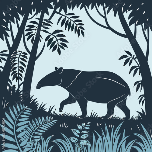 Silhouette of an anteater foraging among tropical plants Silhouette of a Giant Anteater Foraging Among Lush Tropical Plants