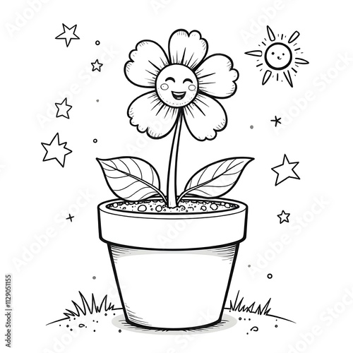 Black and white line drawing of a happy flower pot with smiling sun and stars

