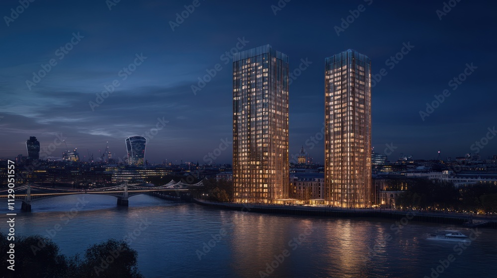Two illuminated skyscrapers by a river at night. Two illuminated skyscrapers by a river at night.