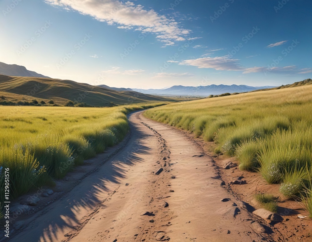 Naklejka premium A peaceful and serene pathway leading to a vast open field under a warm and clear blue sky, peaceful pathway, clear blue sky, rustic scenery