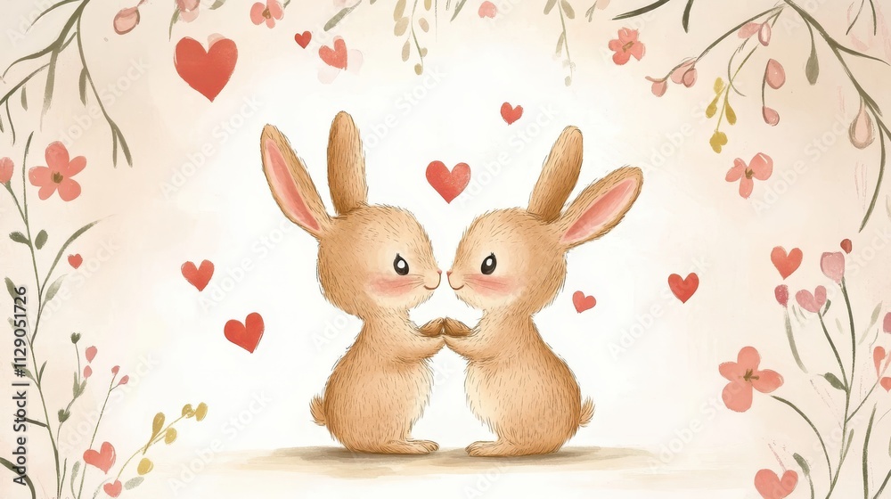Obraz premium Cute bunny couple surrounded by heart-shaped vine in Valentine's Day illustration