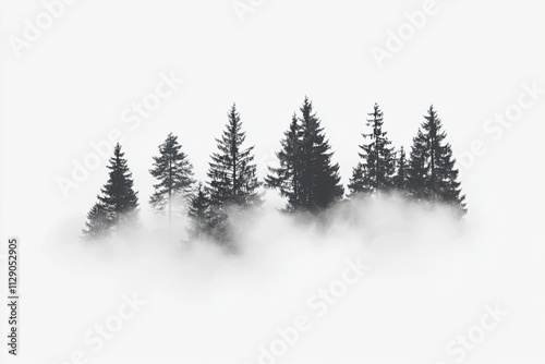 Evergreen Trees Emerging From Misty Cloudscape