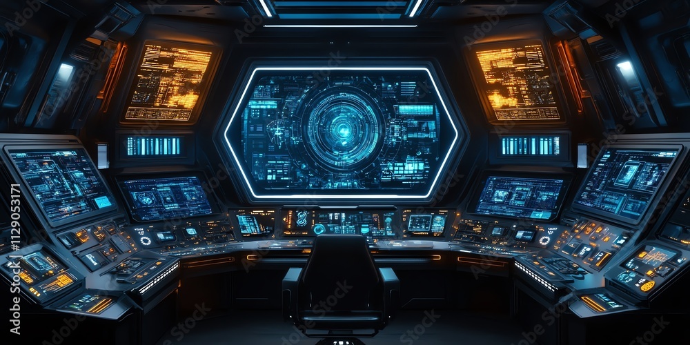 Futuristic control room with advanced displays and interfaces for monitoring and navigation. Futuristic control room with advanced displays and interfaces for monitoring and navigation.