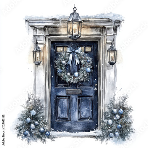 festive winter door adorned with wreath and snow, creating cozy atmosphere