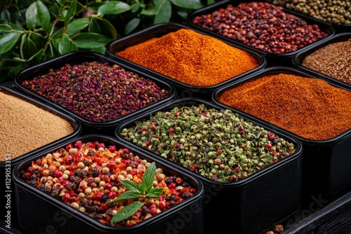 Vibrant spices market scene local marketplace food photography colorful environment close-up view culinary art exploration photo