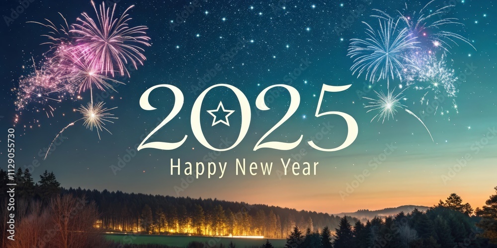 New Year's Eve Scene with Fireworks, Evergreen Trees, and 2025 in Elegant Font New Year's Eve Scene with Fireworks, Evergreen Trees, and 2025 in Elegant Font