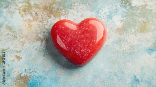 Red heart-shaped candy on pastel-colored background evoking Valentine's Day romance