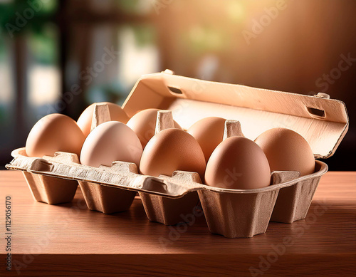 Fresh organic chicken eggs in open carton pack or egg container on brown background, set 10 of 12, stock photo photo