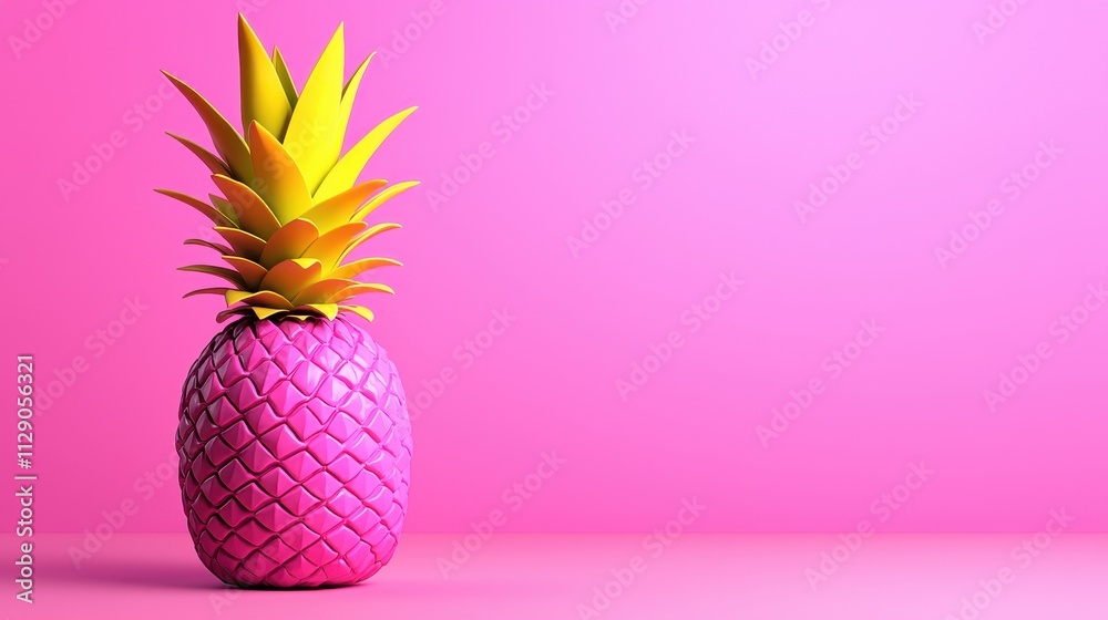 Bright and Colorful Pink Pineapple with Yellow Leaves on Pink Background