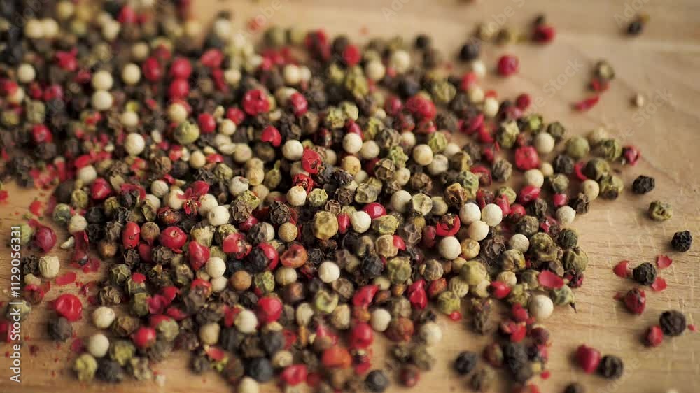 multi-colored allspice peas falling on a wooden cutting board in slow motion. Spices drop on the table. Spicy peppers add to meat and vegetables