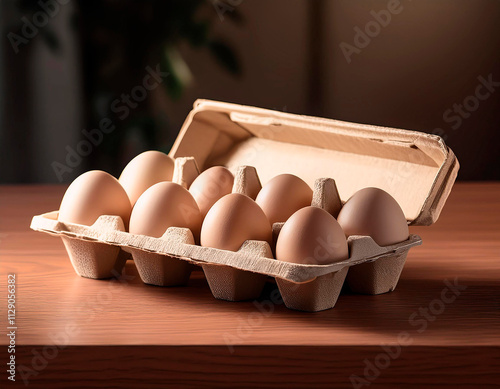 Fresh organic chicken eggs in open carton pack or egg container on brown background, set 10 of 12, stock photo photo