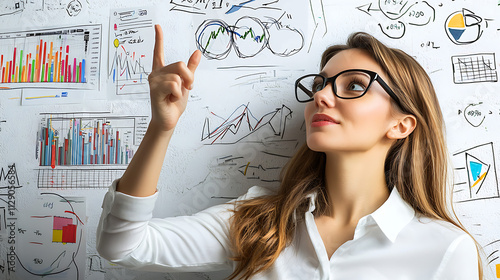 A woman wearing glasses points at a wall covered in graphs and charts