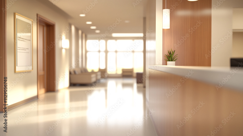 A blurred hospital reception area with faintly visible walls, furniture, and light fixtures. The soft lighting and defocused perspective highlight the sterile and calm atmosphere, while gentle A blurred hospital reception area with faintly visible walls, furniture, and light fixtures. The soft lighting and defocused perspective highlight the sterile and calm atmosphere, while gentle
