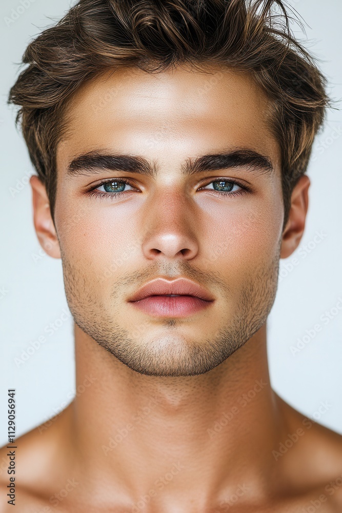 Young man with striking blue eyes and short tousled hair looks directly at the camera with a confident expression against a neutral background Young man with striking blue eyes and short tousled hair looks directly at the camera with a confident expression against a neutral background