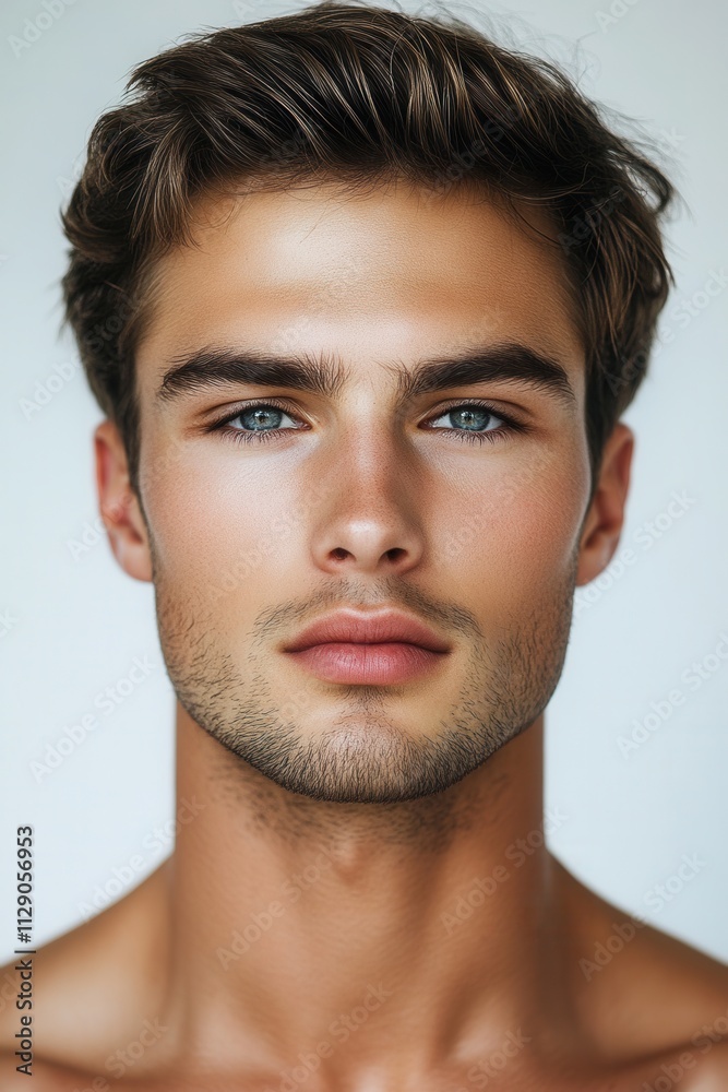 Young man with striking blue eyes and well-defined facial features poses against a neutral background with a soft expression, showcasing his natural charm and confidence Young man with striking blue eyes and well-defined facial features poses against a neutral background with a soft expression, showcasing his natural charm and confidence
