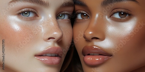 Two women with radiant skin showcasing diverse beauty and glowing complexions in a close-up portrait taken indoors in soft lighting during the afternoon photo